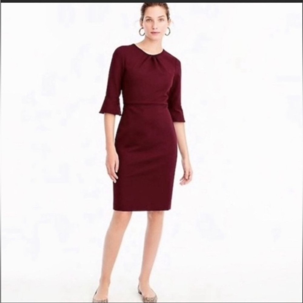 J CREW women’s pencil burgundy ponte dress fluted bell sleeves  maroon dress 0
